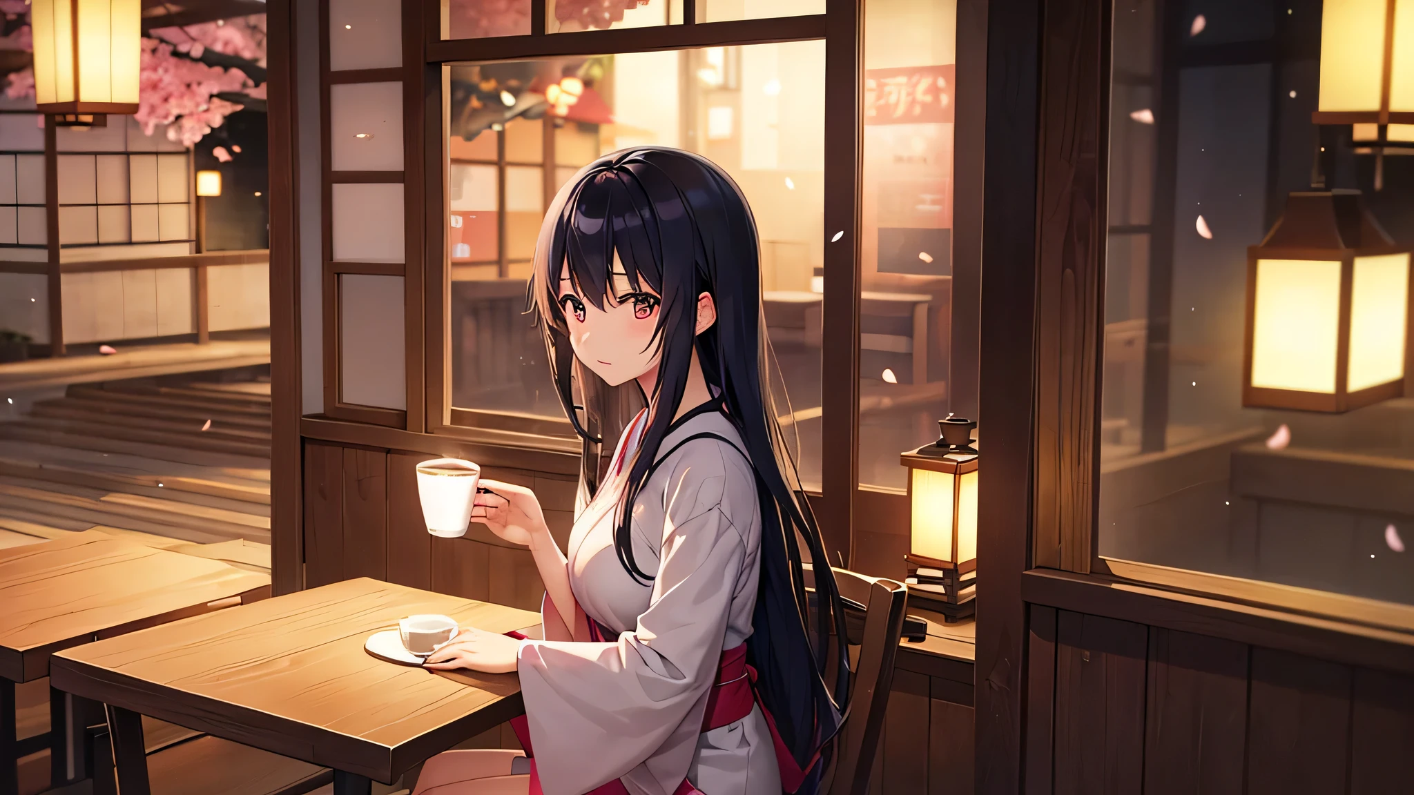 "In a quiet coffee shop in the nighttime city, a Japanese anime-style beautiful girl sits peacefully. Neon lights gently shine through the window, making her long black hair sparkle. Her large eyes are relaxed, and she holds a warm coffee cup in her hands. The café background features soft pastel colors with soothing tones of blue and pink. Cherry blossom petals quietly fall, and traditional Japanese decorations like a parasol subtly adorn the café setting."