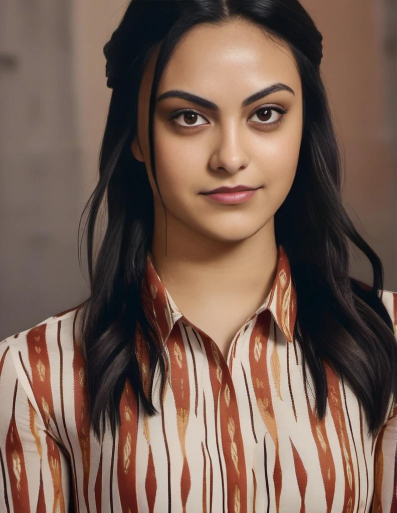 CamilaMendes,A close-up portrait of a young girl, fishtail braid style, slim with curves, ikat motive shirt, captured by a randomly selected photographer. This image, characterized by its minimalism style and outdoor background that was recognized as a contest winner. It has been featured on CG Society.