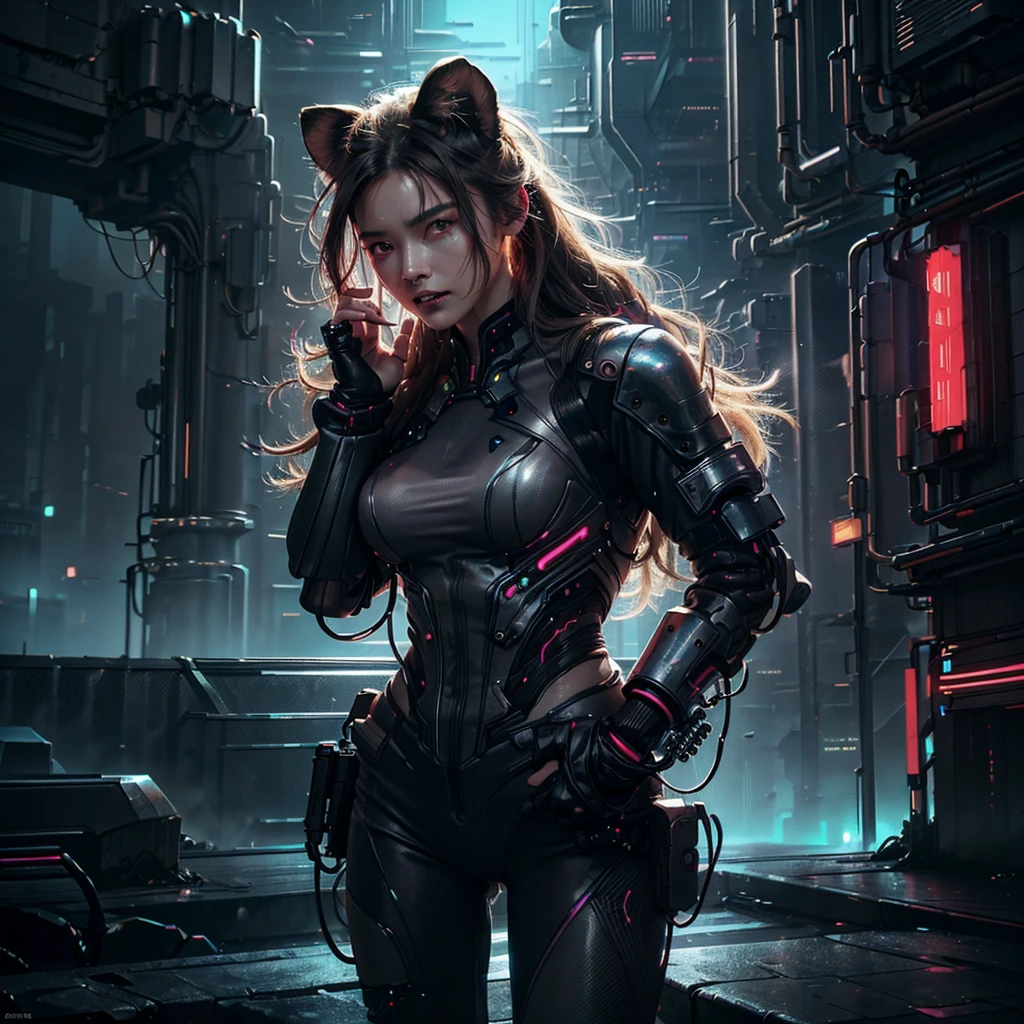 16K, High resolution, RTTX10.0, Ray Tracing, Natural light, Absurd, Top quality masterpiece, Perfect anatomy and highly detailed face, fine grain, A 25-year-old girl with lion ears and wearing a suit and tie、Sharp fangs visible from the mouth、Beautiful Hair, so beautiful, Edgy, Nice, Evil Aura, the wind is strong, Glowing Eyes, dystopian city, Futuristic, Detailed Background, Awards, Neon Light, It was a hot topic on Art Station., Climax, Sweat is splashing, Dancing vigorously、自然A pose, Intense movement, color々A pose, cyber punk、Dystopian World、