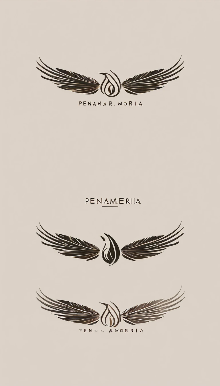 A minimal, modern, simple, cinematic logotype for the brand Penamemoria. The logotype must be a simple Memory Feather. Icon of a unique dreamy feather. The logo must convey a sense of music, stories and dreams. Logo design impressed on a book cover. Minimalistic logo and icon
