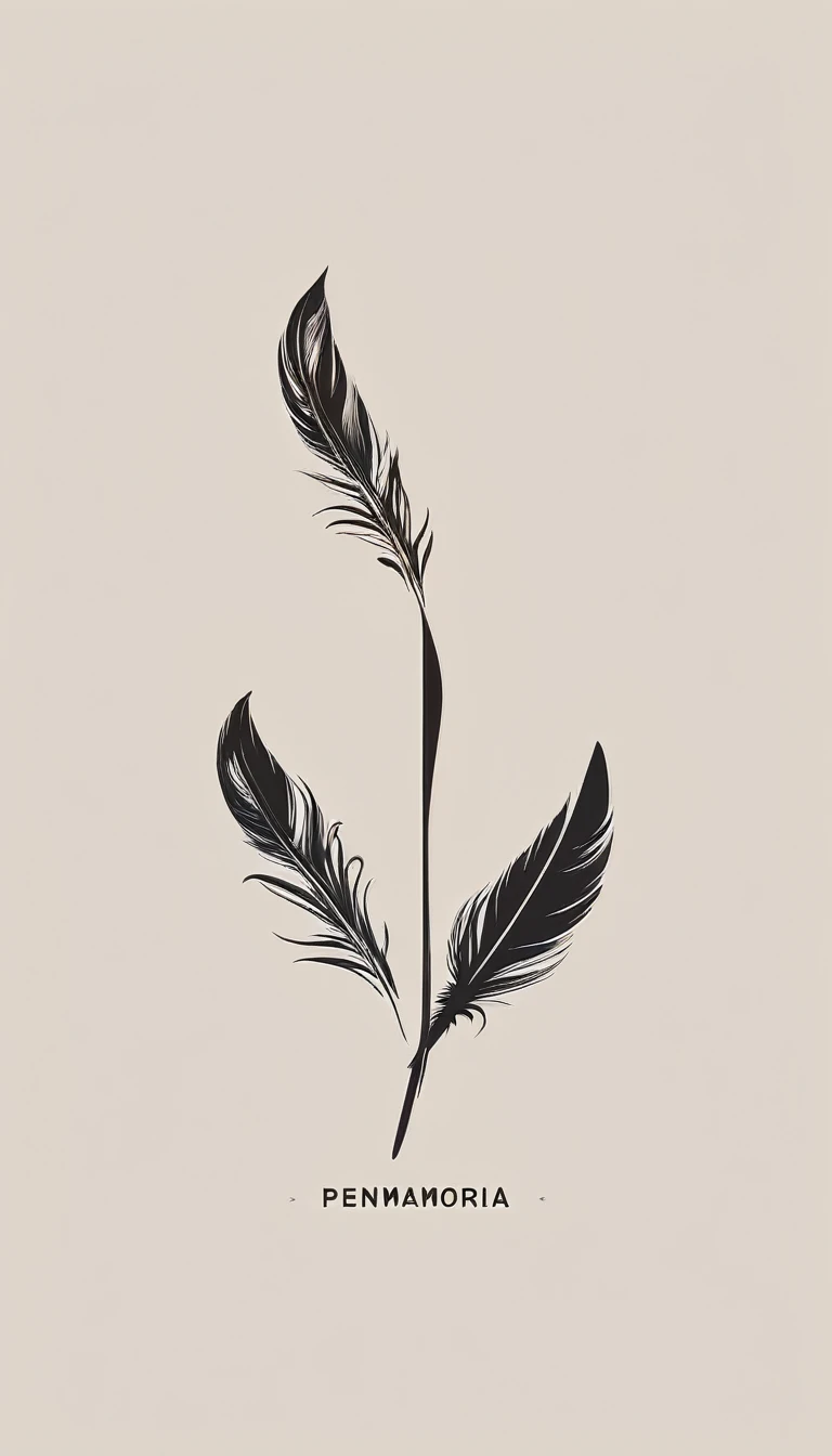 A minimal, modern, simple, cinematic logotype for the brand Penamemoria. The logotype must be a simple Memory Feather. Icon of a unique dreamy feather. The logo must convey a sense of music, stories and dreams. Logo design impressed on a book cover. Minimalistic logo and icon