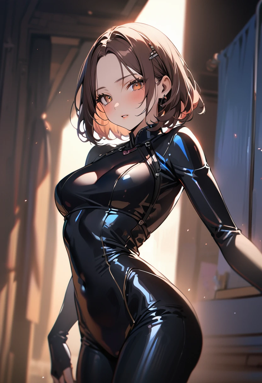 1 girl, bob, center part, forehead, brown hair, piercing, brown eyes, model posing, blush
BREAK (masterpiece), (high resolution 8K), cinematic lighting, professional lighting, detailed eyes and face, detailed body,
BREAK spy suit