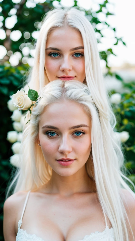 RAW photo, face portrait photo of beautiful 20 y.o woman, blue eyes, cute face, long white hair, wearing sexy clothes, happy face, She held a white rose in her hand, big breast, hard shadows, cinematic shot, dramatic lighting