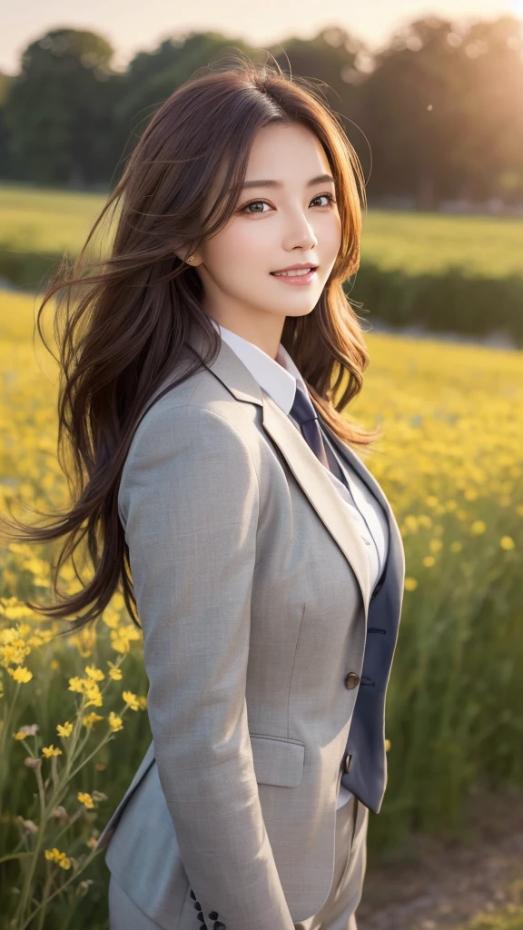 highest quality、genuine、Super detailed、finely、High resolution、8k wallpaper、one beautiful woman、、、light brown disheveled hair、wearing a business suit、sharp focus、perfect dynamic composition、beautiful and detailed eyes、thin hair、Detailed genuine skin texture、smile、model body shape、In a windswept meadow