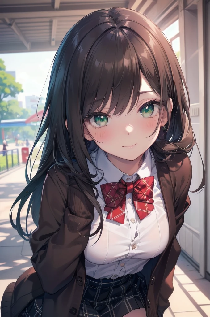 nsfw,((masterpiece, best quality, highres, UHD, perfect pixel, depth of field, 4k, RTX, HDR))), 1girl, single, solo, beautiful anime girl, beautiful artstyle, anime character, ((long hair, bangs, brown hair, curly hair:0.5)), ((green eyes:1.4, rounded eyes, beautiful eyelashes, realistic eyes)), ((detailed face, blushing:1.2)), ((smooth texture:0.75, realistic texture:0.65, photorealistic:1.1, anime CG style)), medium breasts, dynamic angle, perfect body, ((portrait, pov)), ((red bowtie, , black jacket, open jacket, brown cardigan, white shirt, black skirt, plaid skirt)), smile, hands up, amusement park