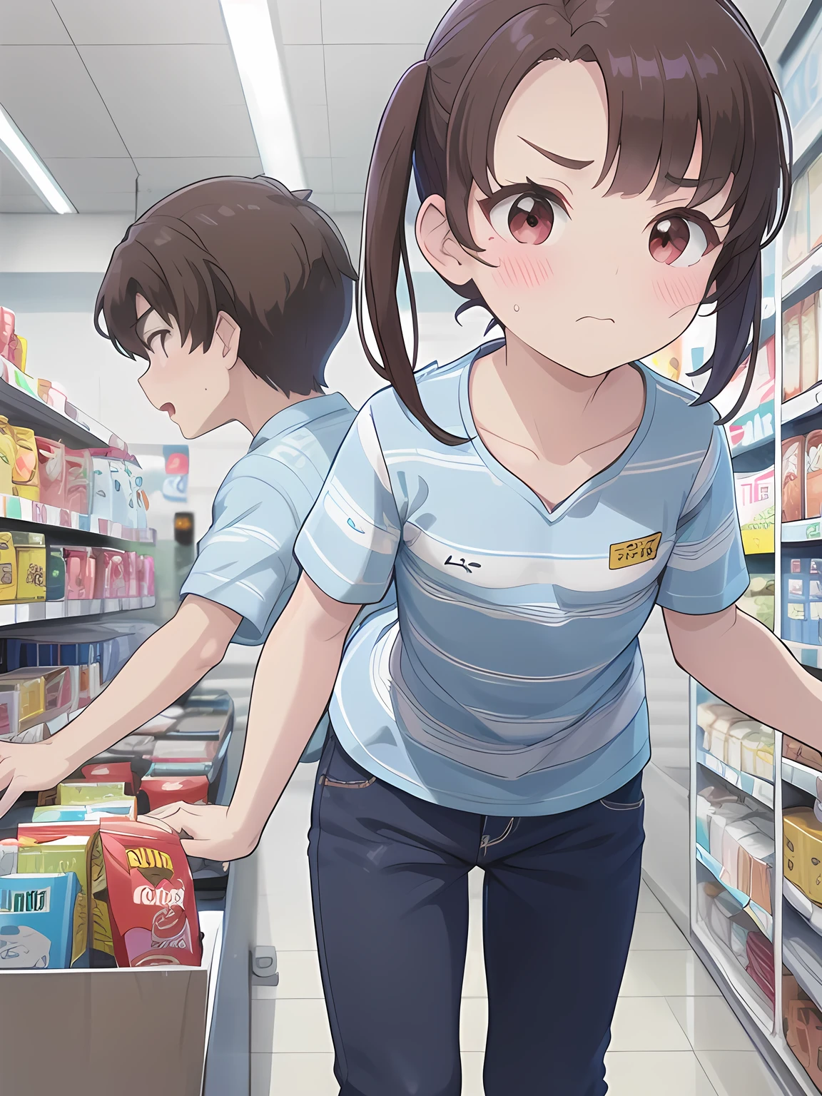 Composition from the side,1girl,1boy,
face to chest,indoor,convenience store,
1girl,closed mouth,standing,blue and white vertical striped shirt,
Leaning forward,shy,blushed,red eyes,twin tales, brown hair,eyebrows visible through hair, {flat chests},
1boy,look her breast,white face,black hair,black eyes,white skinned,young aged man,