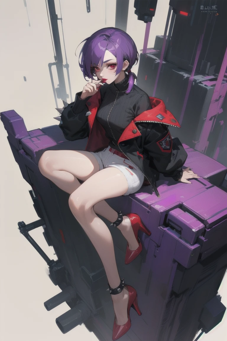 ((Highest quality)), ((masterpiece)), (Familiar), One adult female,Purple Hair, Slanted Eyes,short hair, Low Ponytail, eye shadow, lipstick, Red eyes,Purple Hair,Spiky Hair,Black inner shirt,Red and black jacket, White hot pants,Red High Heels,cyber punk