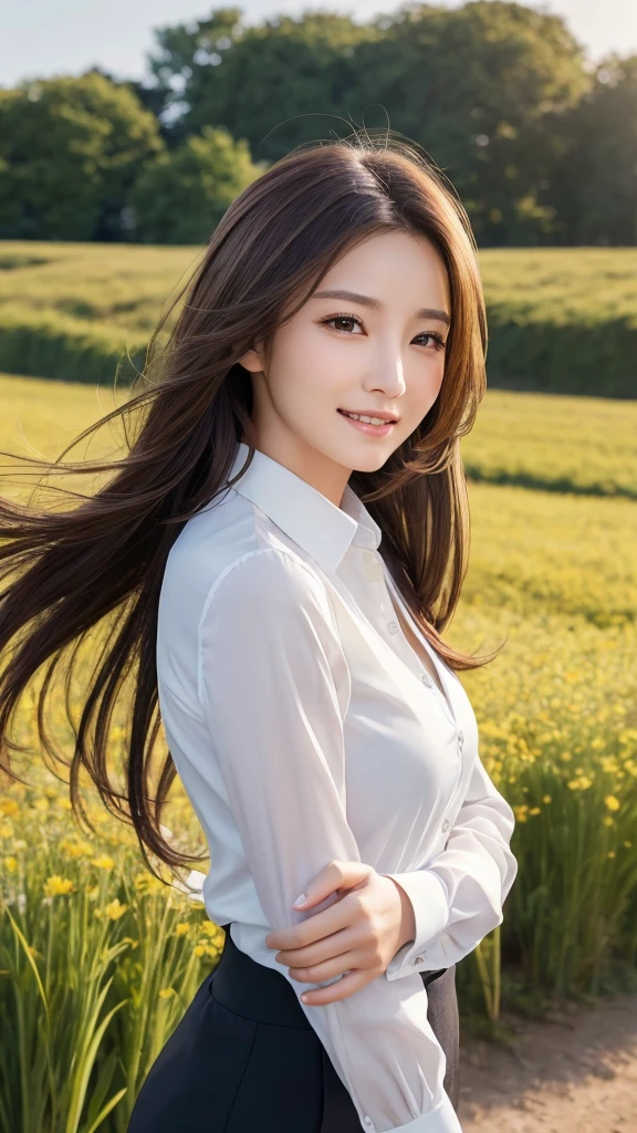 highest quality、genuine、Super detailed、finely、High resolution、8k wallpaper、one beautiful woman、、、light brown disheveled hair、wearing a business suit、sharp focus、perfect dynamic composition、beautiful and detailed eyes、thin hair、Detailed genuine skin texture、smile、model body shape、In a windswept meadow