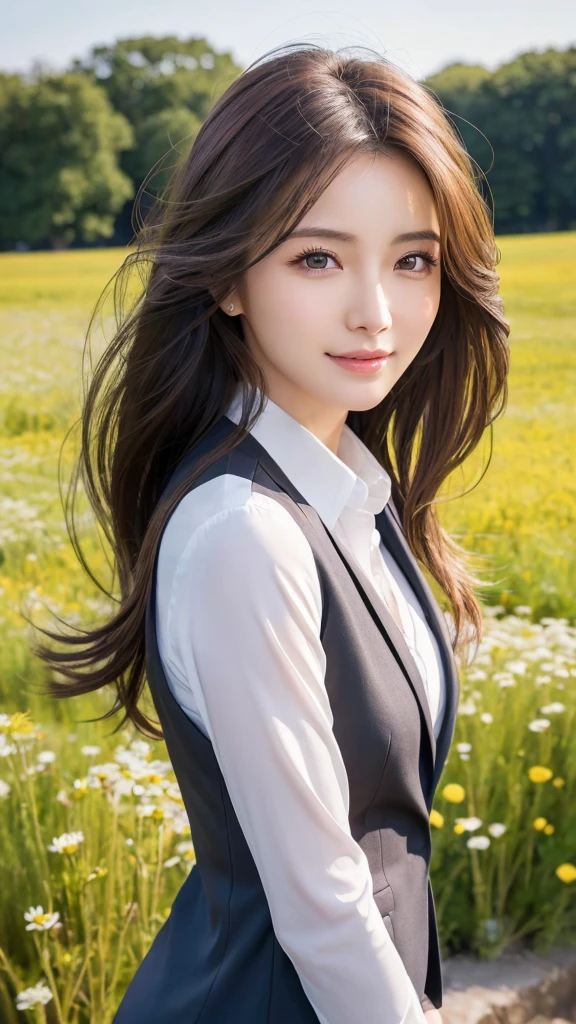 highest quality、genuine、Super detailed、finely、High resolution、8k wallpaper、one beautiful woman、、、light brown disheveled hair、wearing a business suit、sharp focus、perfect dynamic composition、beautiful and detailed eyes、thin hair、Detailed genuine skin texture、smile、model body shape、In a windswept meadow