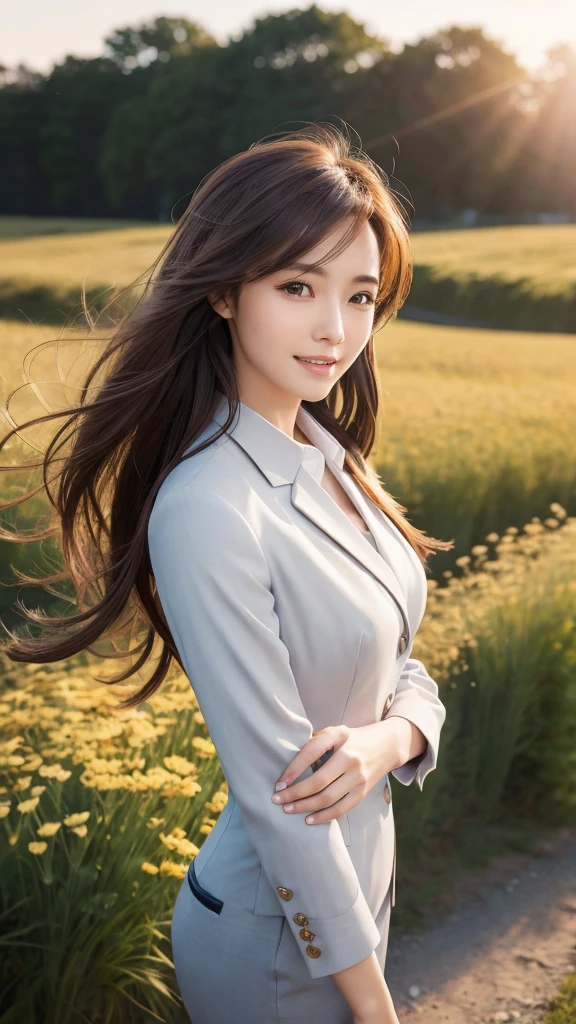 highest quality、genuine、Super detailed、finely、High resolution、8k wallpaper、one beautiful woman、、、light brown disheveled hair、wearing a business suit、sharp focus、perfect dynamic composition、beautiful and detailed eyes、thin hair、Detailed genuine skin texture、smile、model body shape、In a windswept meadow
