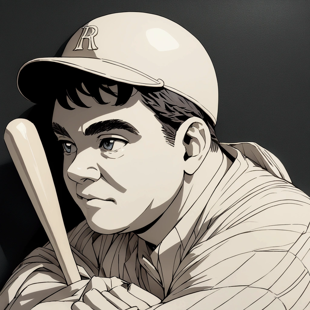 PaperCarving, portrait of Babe Ruth, baseball player, Babe Ruth Relief, carry a bat, solo, best quality, (masterpiece:1.2), woodgrain, monochromatic, Simple Background