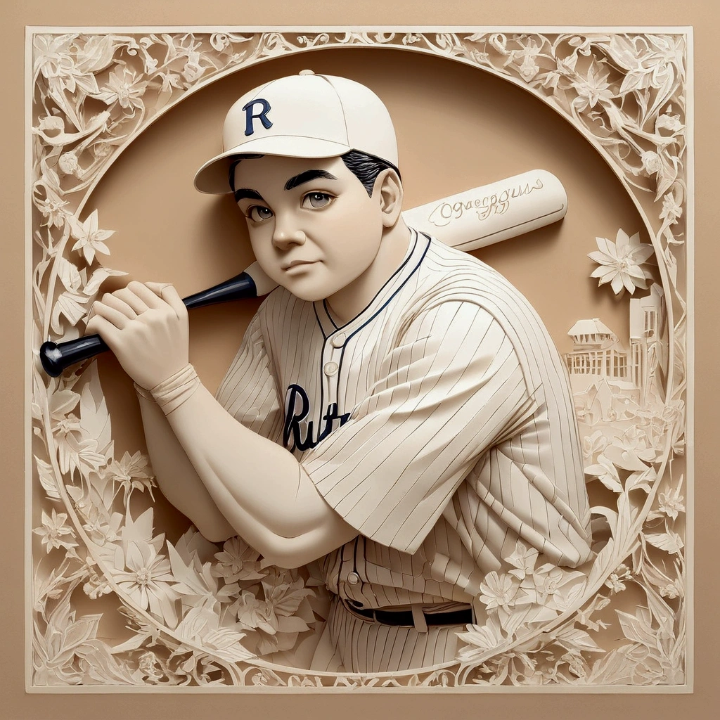 PaperCarving, portrait of Babe Ruth, baseball player, Babe Ruth Relief, carry a bat, solo, best quality, (masterpiece:1.2), woodgrain, monochromatic, Simple Background