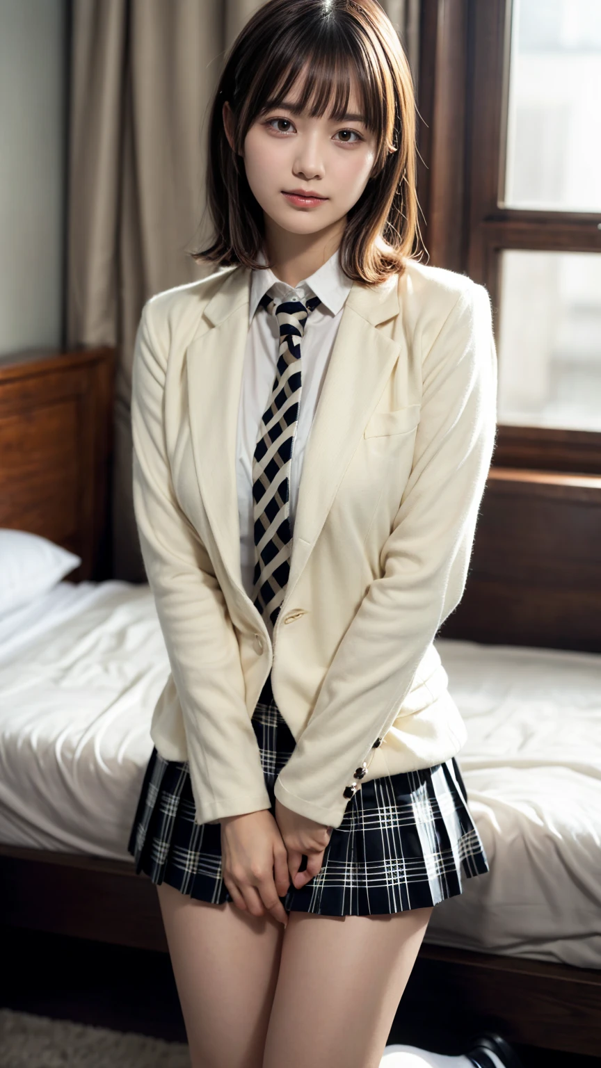 (absurdres:1.3), (highres:1.3), (ultra detailed:1.3),(1girl:1.3), (extremely detailed CG unity 8k wallpaper:1.3), (detailed skin texture, detailed cloth texture, detailed hair texture), (beautiful detailed face, supermodel, pale skin, realistic glistening skin), (RAW photo, best quality), (realistic, photo-realistic:1.4), masterpiece, extremely delicate and beautiful,Amazing, finely detail, extremely detailed CG unity 8k wallpaper, huge filesize, ultra-detailed, highres, absurdres, soft light,rim light, vibrant details, hotel room, short bob hair, large breasts, black hair color, Big Natural Color Lip, (perfect body shape), beautiful legs, BREAK (Ivory-white theme:1.4), (Ivory-white blazer:1.4), (school uniform:1.2), (long sleeve:1.2), (white shirt:1.3), (white socks:1.2),

BREAK (black and white theme:1.2), (black and white stripes tie:1.3), (black and white tartan-check pleated skirt:1.2), 

BREAK (brown loafers:1.2), crying a little、little smile, Harajuku style、20 year old girl、cute type、lolita、
