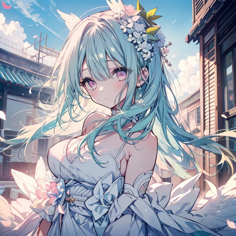 1 girl、Mature、Ample breasts、Long Hair、Mint green hair、Pink Eyes、In town、rooftop、blue sky、Petals fluttering、Look to the side、Like a jewel、White wings on the back、Big Wings、White Dress、Shoulder Bare、hydrangea、High resolution、