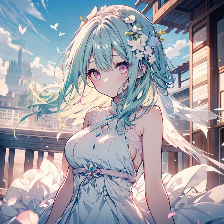 1 girl、Mature、Ample breasts、Long Hair、Mint green hair、Pink Eyes、In town、rooftop、blue sky、Petals fluttering、Look to the side、Like a jewel、White wings on the back、Big Wings、White Dress、Shoulder Bare、hydrangea、High resolution、