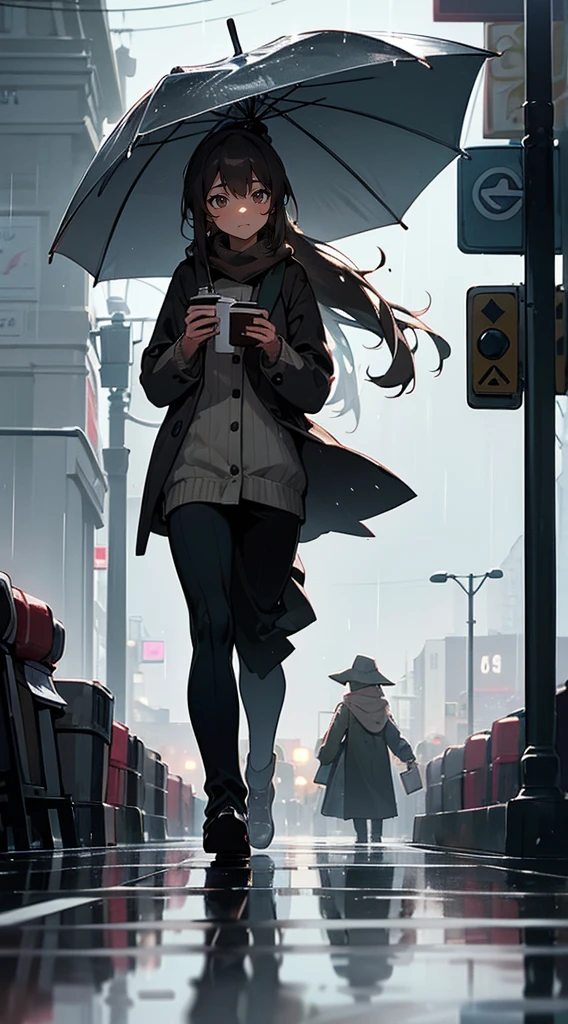 A beautiful mature woman , dark brown hair , extremely long hair , hair in a ponytail , brown eyes ,  age 36,

She wears a loose, knit sweater in a soft shade of heather gray , relaxed-fit, dark-wash jeans, scarf in earthy tones,

(masterpiece, best quality:1.3),beautiful detailed glow,best illuminate,(((best quality,textile shading,ultra detailed))),extremely detailed CG unity 8k wallpaper,Highly Detailed beautiful and aesthetic,best light,high resolution,detailed,dynamic lighting , 1Character ,  pastel washed out colors , cell shade , soft, muted shades ,gentle colors ,

, rain cascades through the cityscape, creating a shimmering curtain of vertical lines. Neon lights from the buildings and street lamps cast colorful glows into the night. Umbrellas of various shapes and colors dot the frame, held by anonymous figures beneath.
The streets are glossy with rain, reflecting the surrounding cityscape like a polished mirror. Pedestrians walk briskly, partially shielded by their umbrellas, while others are captured mid-stride. A couple of figures wait at a crosswalk, and the soft glow of a nearby café's sign adds a warm touch to the scene.
The streets are populated by a variety of vehicles. Car headlights and taillights leave streaks of light as they move through the intersection. A solitary bicycle is propped against a lamppost, hinting at the possibility of a cyclist seeking shelter from the rain.
Steam rises from a coffee cup on a cafe table, and the window's interior shows a cozy, inviting setting.