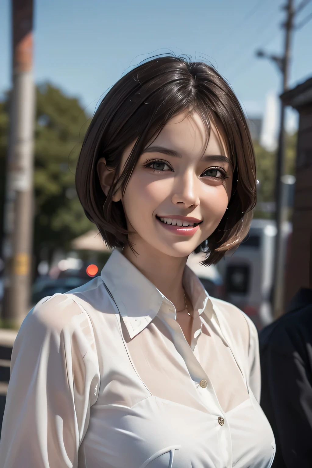((masterpiece)), ((Highest quality)), ((Complex)), ((Surreal)), (Realistic), (Mature Woman), ((There are no classes)), Very detailed, (1 female), Beautiful and exquisite, (Beautiful Teeth), Grin, Brunette Bob Hair, Brown eyes, ((blouse)), (Upper Body), (background:none), Perfect Eyes, Captivating eyes, Looking at the audience