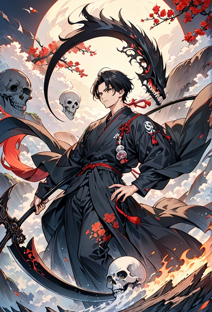 A man, Holding a black scythe,It is decorated with Japanese symbols of death., Black flames burst from the decoration, The edge of the scythe comes out of it,The black wind brings the ghost of the skull, Best for face and sickle Judy The man wears the right sickle steel suit, This man has black hair., Man is the embodiment of death, (CG 8k module with very detailed background) (best quality), (Best Illustration), (Best color tone), Very detailed
