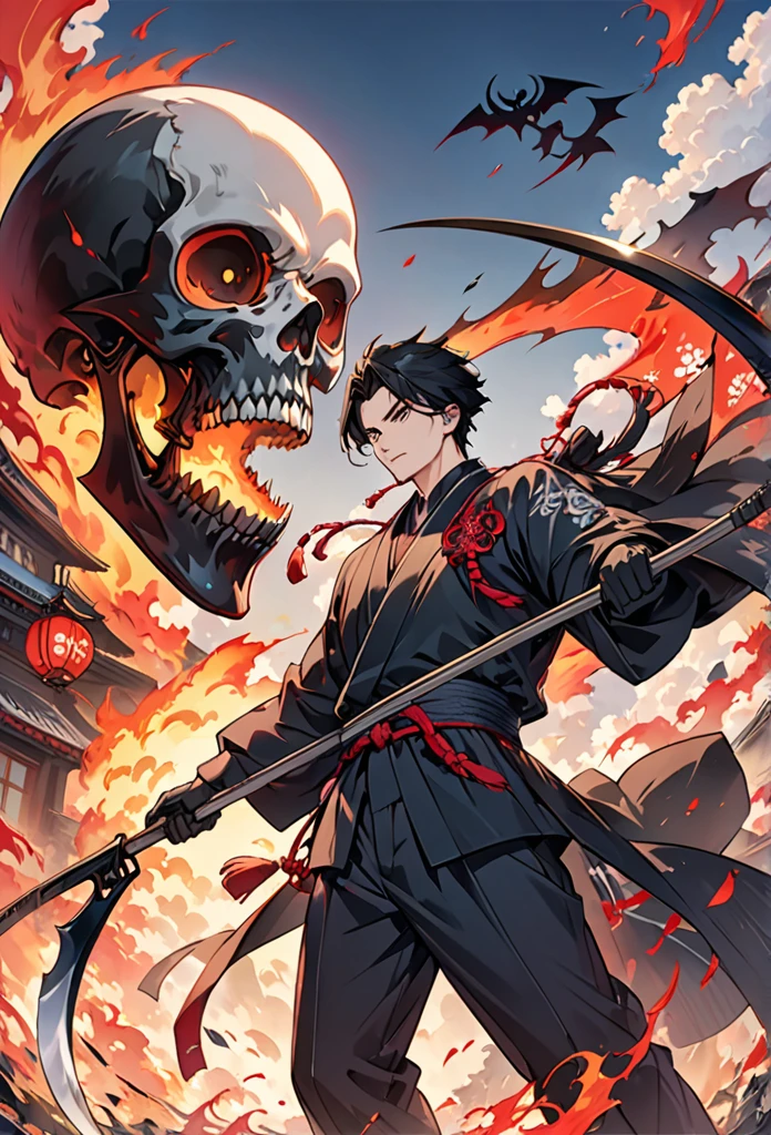 A man, Holding a black scythe，It is decorated with Japanese symbols of death., Black flames burst from the decoration, The edge of the scythe comes out of it，The black wind brings the ghost of the skull, Best for face and sickle Judy The man wears the right sickle steel suit, This man has black hair., Man is the embodiment of death, (CG 8k module with very detailed background) (best quality), (Best Illustration), (Best color tone), Very detailed