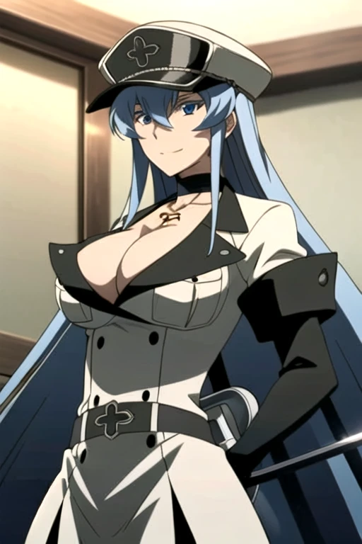 Esdeath, breasts, smile, large breasts, hat, cleavage, weapon, choker, sword, hair between eyes, uniform, military, military uniform, tattoo, peaked cap, chest_tattoo