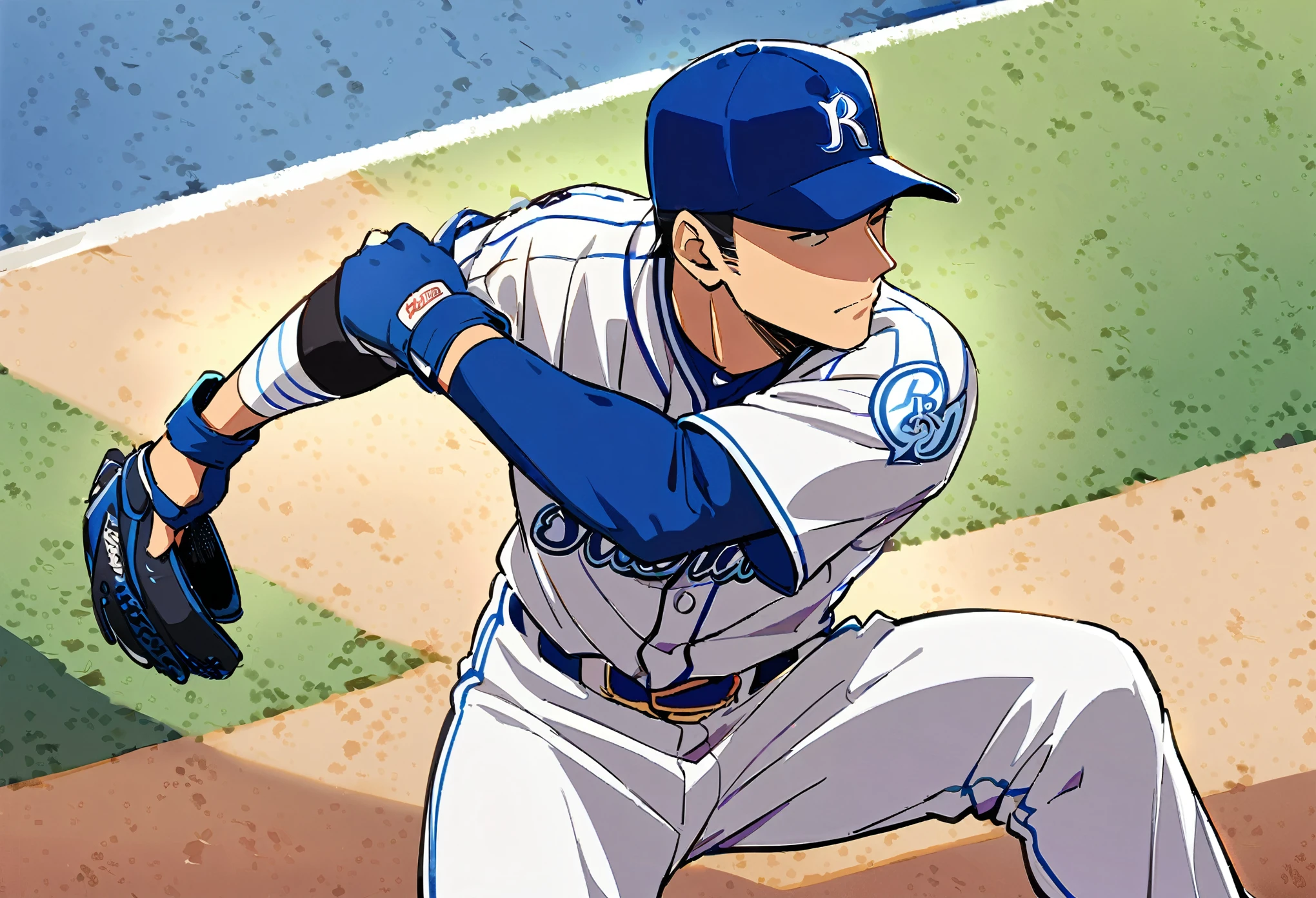 ((1 Male, Pro baseball player)), Yokohama DeNA Baystars, Blue and white baseball uniforms, Batter's swing, Detailed bat, Sharp Eyes, Accurate batting, The ball flies in an arc, Stadium frenzy, Back screen and scoreboard, Cheering squad in the audience, Lively atmosphere, Dynamic Angle, ((Realistic, Anime illustration)), (Highest quality:1.2, Very detailed, Ultra-high resolution, High Detail, masterpiece:1.2, Best aesthetics).