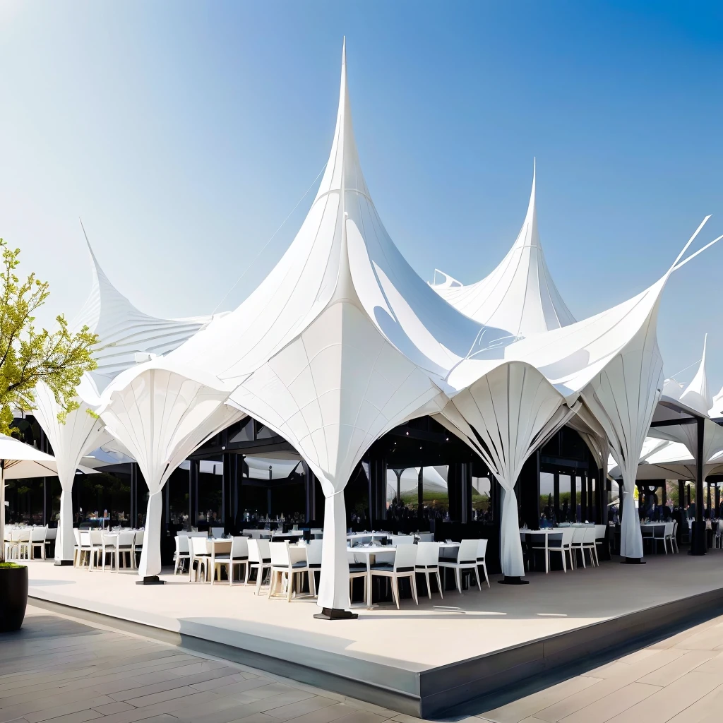 There is a big white tent,There are tables and chairs below, tent architecture, expensive restaurant, un restaurant avec une terrasse, pavilion, Michelin star restaurant, Grand design, Fine Dining, michelin star restaurant, Canopies, Restaurant exterior photography, gourmet Michelin star restaurant, Covered outdoor stage, gourmet restaurant, Magical Fantasy, mystical fantasy, Selection Box, in style of zaha hadid architect