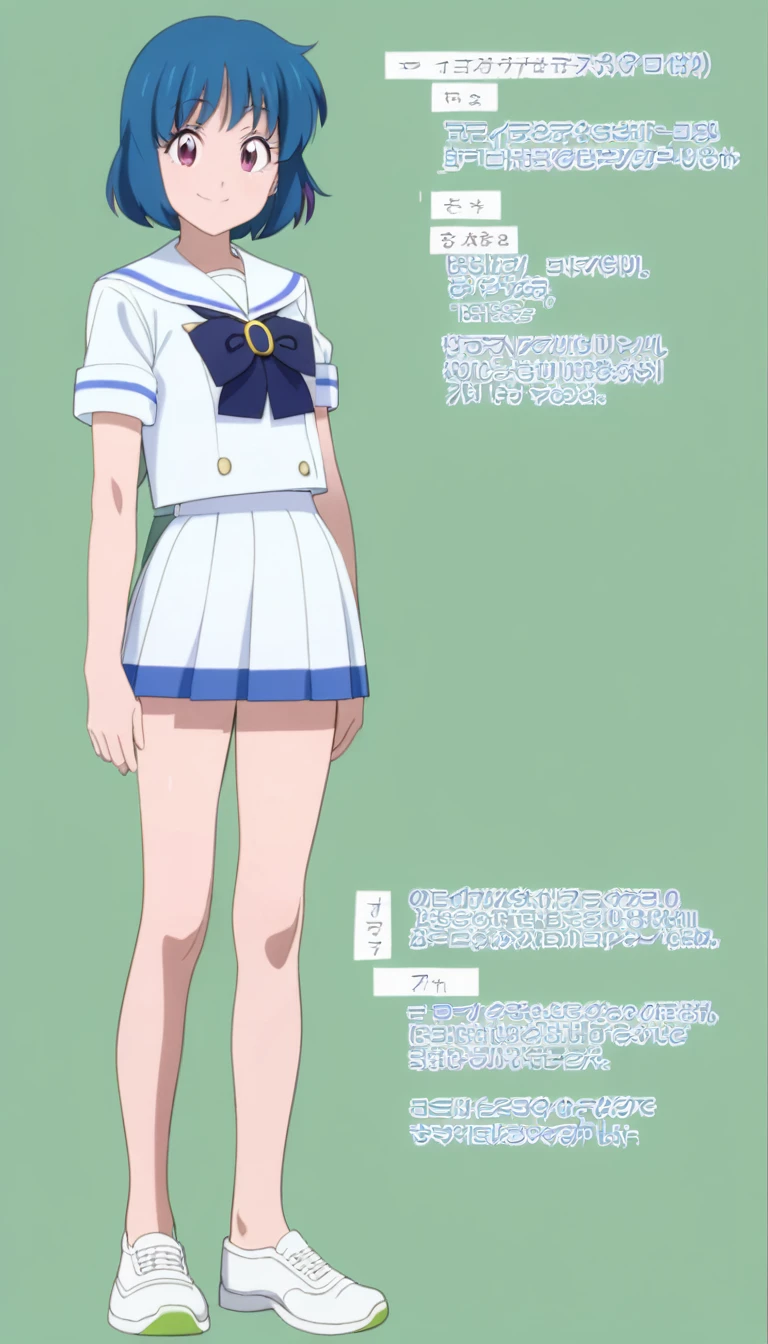 18-year-old, young girl, anime, short hair, pretty eyes, blue hair, full body, sailor suit, short pleated skirt, smiling, (simple background), (stand up straight), anatomically correct