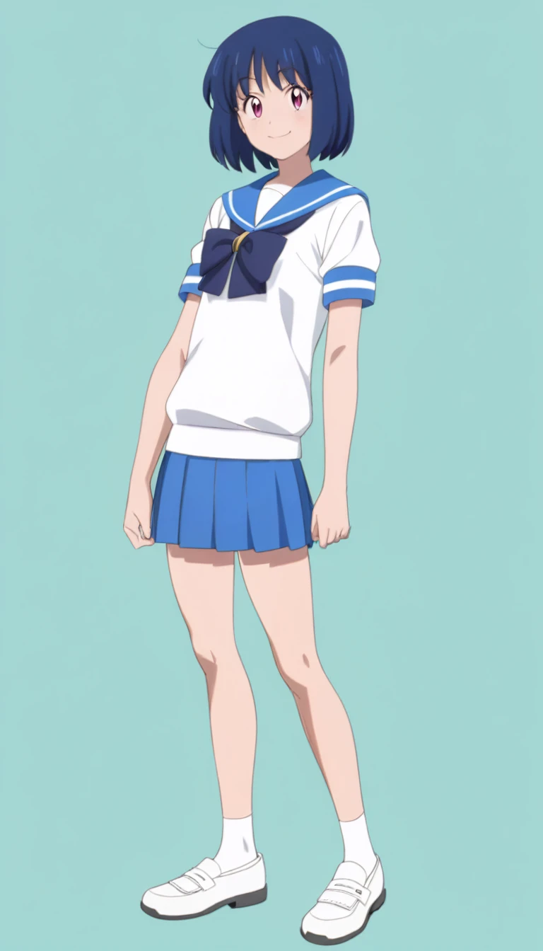 18-year-old, young girl, anime, short hair, pretty eyes, blue hair, full body, sailor suit, short pleated skirt, smiling, (simple background), (stand up straight), anatomically correct