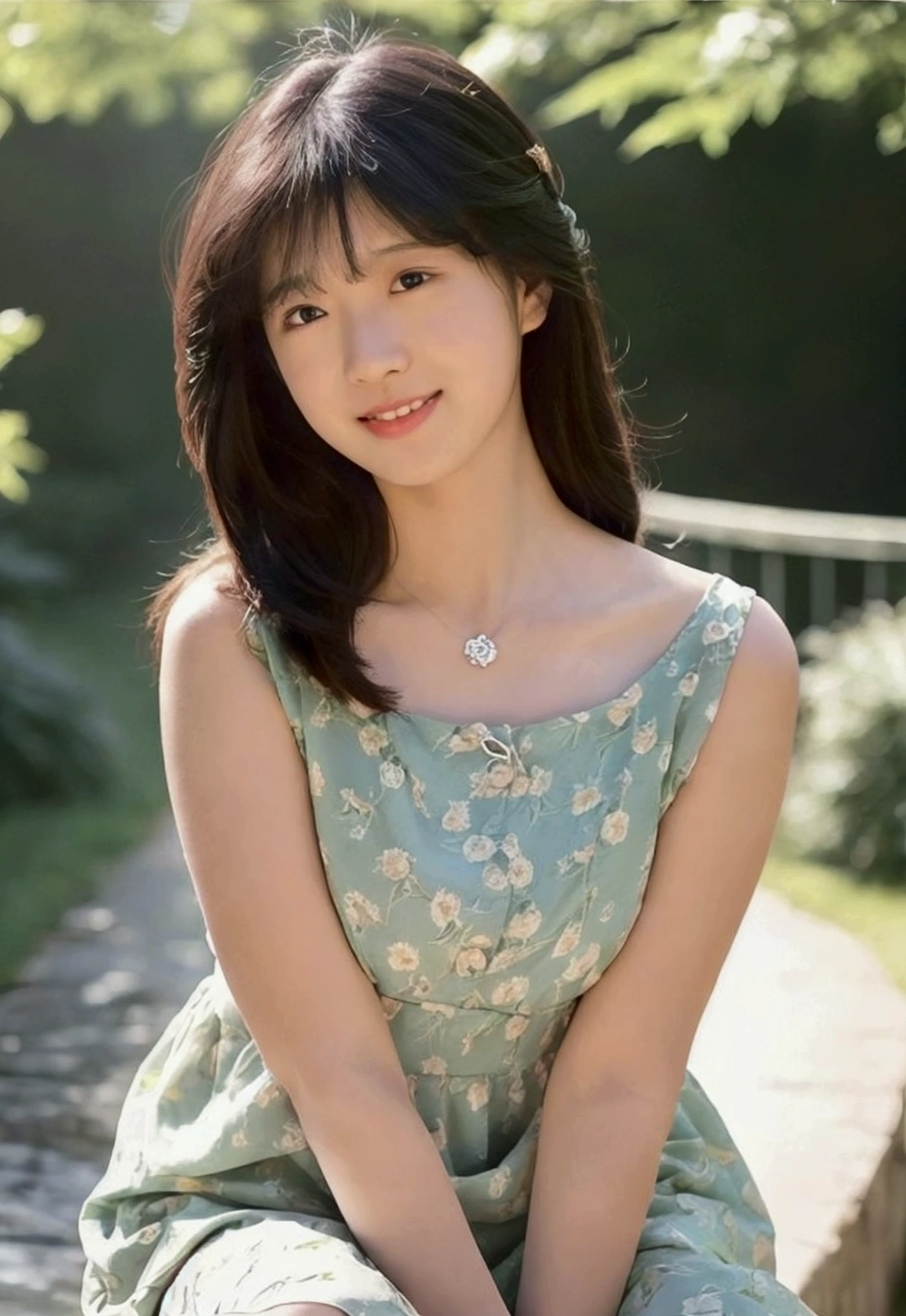 ultra realistic,32k,RAW photo,(high detailed skin:1.2),8k uhd,high quality, korean, 1girl, breast, 15 years old, sexy look, makeup, cute, beautiful, smiling, beautiful eyes, perfect eyes, perfect teeth, breast, touching breast, extra long hair, half body portrait, (tabletop:1.3),8K,, face to the viewer,Girl wearing beautiful floral dress,It shows a fresh and natural beauty。The dress is light green,It is covered with a variety of colorful floral patterns,This makes the whole dress look elegant and gorgeous。The neckline of the dress is a typical round neck,Fits her neck,Show her elegance。 The cut of the dress fits perfectly,Clinging to her body,Show off her graceful curves。The hem of the dress is just below the knee,It looks dignified and generous。She wears a pair of white canvas shoes on her feet,It goes well with the color and style of the dress。 Her hair was draped over her shoulders,Slightly curled,It gives a romantic and natural feeling。Her face was covered with light makeup,The choice of eye shadow and lip gloss harmonizes with the color of the dress。Girls dress as a whole,Full of fresh breath of spring and summer,It shows her elegant temperament and unique charm。