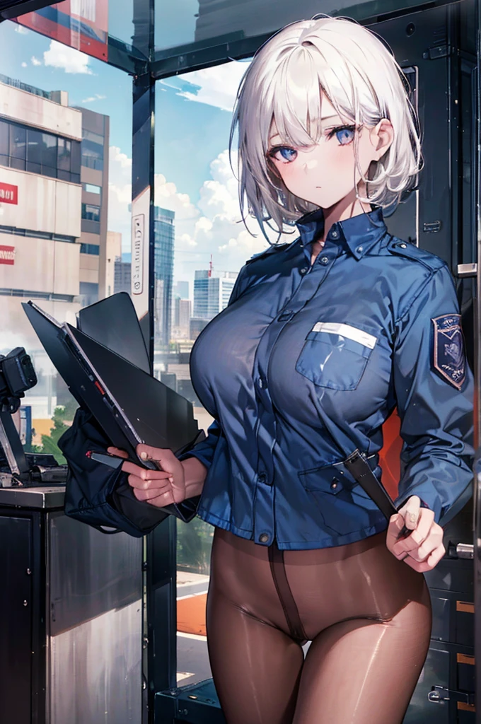 (1 Girl:1.3), Solitary, __body parts__ Delicate and realistic skin, Pale skin, Large target, Official Art, Unity 16K Wallpaper, Ultra Detailed,  beauty, masterpiece, best quality,  Awesome atmosphere, Calming color palette, A calm mood, Soft shadows, Airline stewardess, charm，Large Breasts，Black tights，Police Uniform