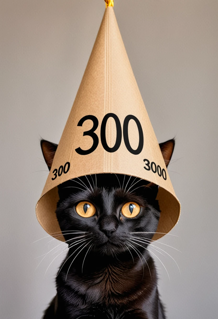 black cat with 300 number label over head, celebration vibe, change 300 font
