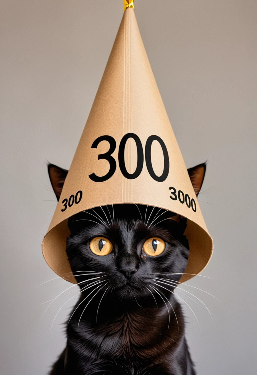black cat with 300 number label over head, celebration vibe, change 300 font