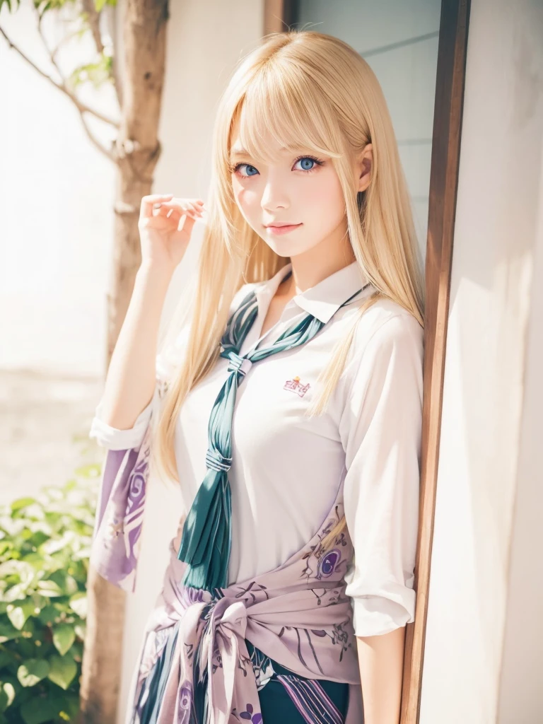 Long blonde hair, beautiful girl, purple eyes, japan girl.