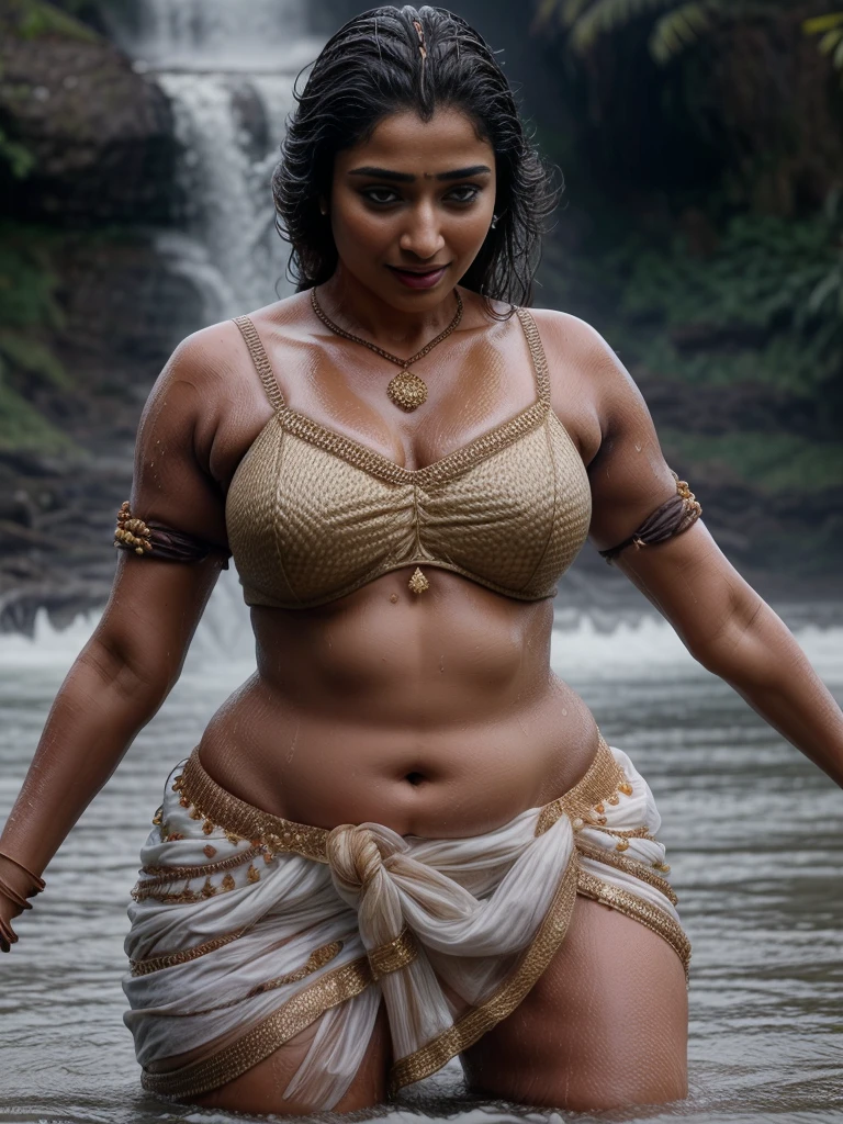 HD wallpaper 32k cinematic shoot of a Beautiful cute wet Pooja Hegde, with thick thighs and a curvy chubby waist, wearing a beautiful Indian dress, ((lowwaist)), ((wet girl)), ((sweaty girl))