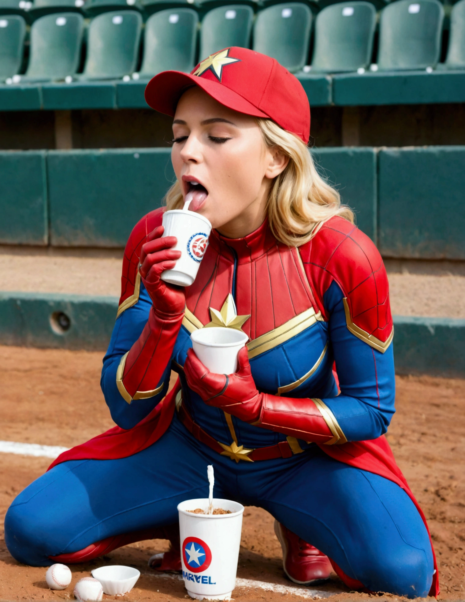 (Brea Larson, age 25, Captain Marvel, baseball cap, chewing tobacco) she is sitting in the baseball dug out spitting into a cup 