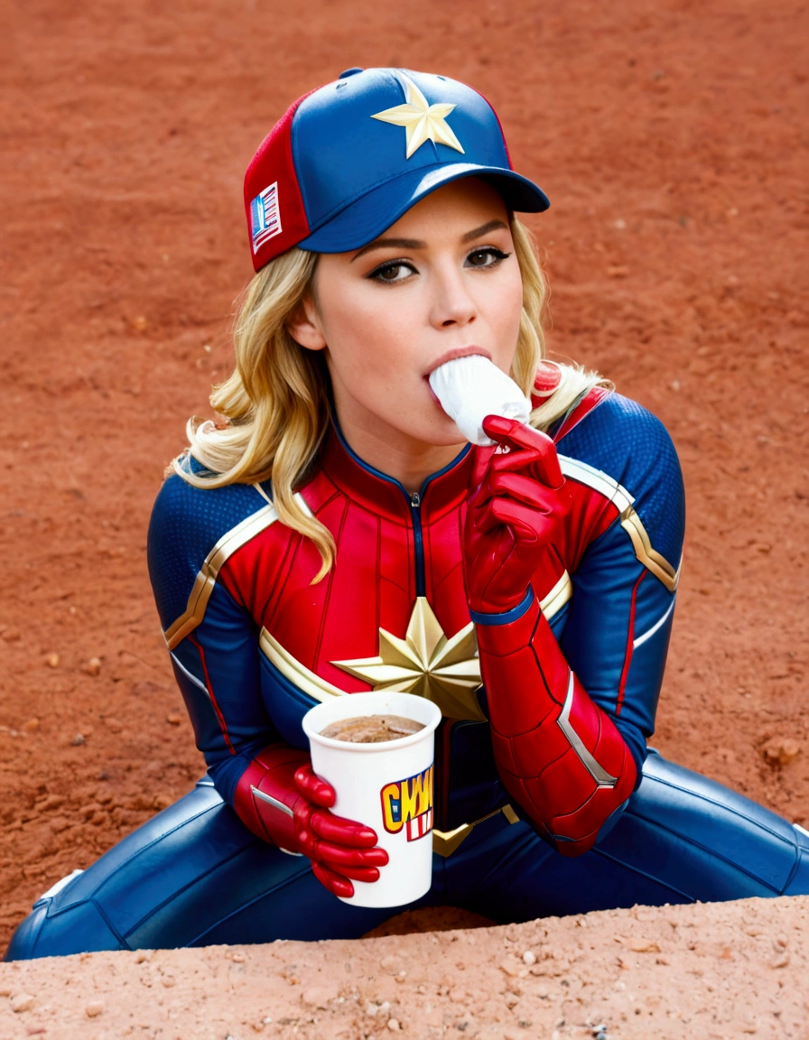 (Brea Larson, age 25, Captain Marvel, baseball cap, chewing tobacco) she is sitting in the baseball dug out spitting into a cup 