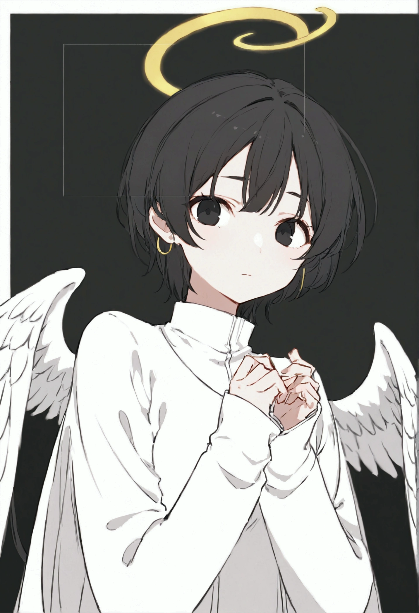 Black Hair,short hair,black eye,Angel white wings,Angel Halo,White clothes,Gender unknown,Expressionless,No breasts,Thick Coating
