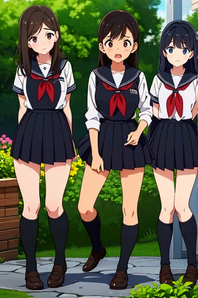 (Three Women:1.5) ,Dark Brown Hair,Black Hair,(Nose Brush:1.7) ,Surprised,(school uniform),(Panties in full view:1.7),(Extremely high quality),(mini skirt),nature,garden,Shiny legs, Thighs,Cute face,tall,squat,Wet and see-through