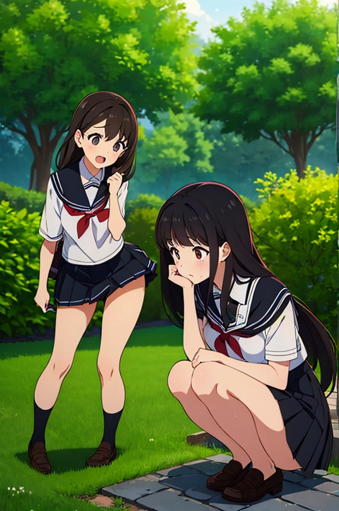 (Three Women:1.5)　,Dark Brown Hair,Black Hair,（Nose Brush:1.7） ,Surprised,Open your mouth,(school uniform),（Panties in full view:1.7),(Extremely high quality),（mini skirt）,nature,garden,Shiny legs, Thighs,Cute face,squat,Wet and see-through