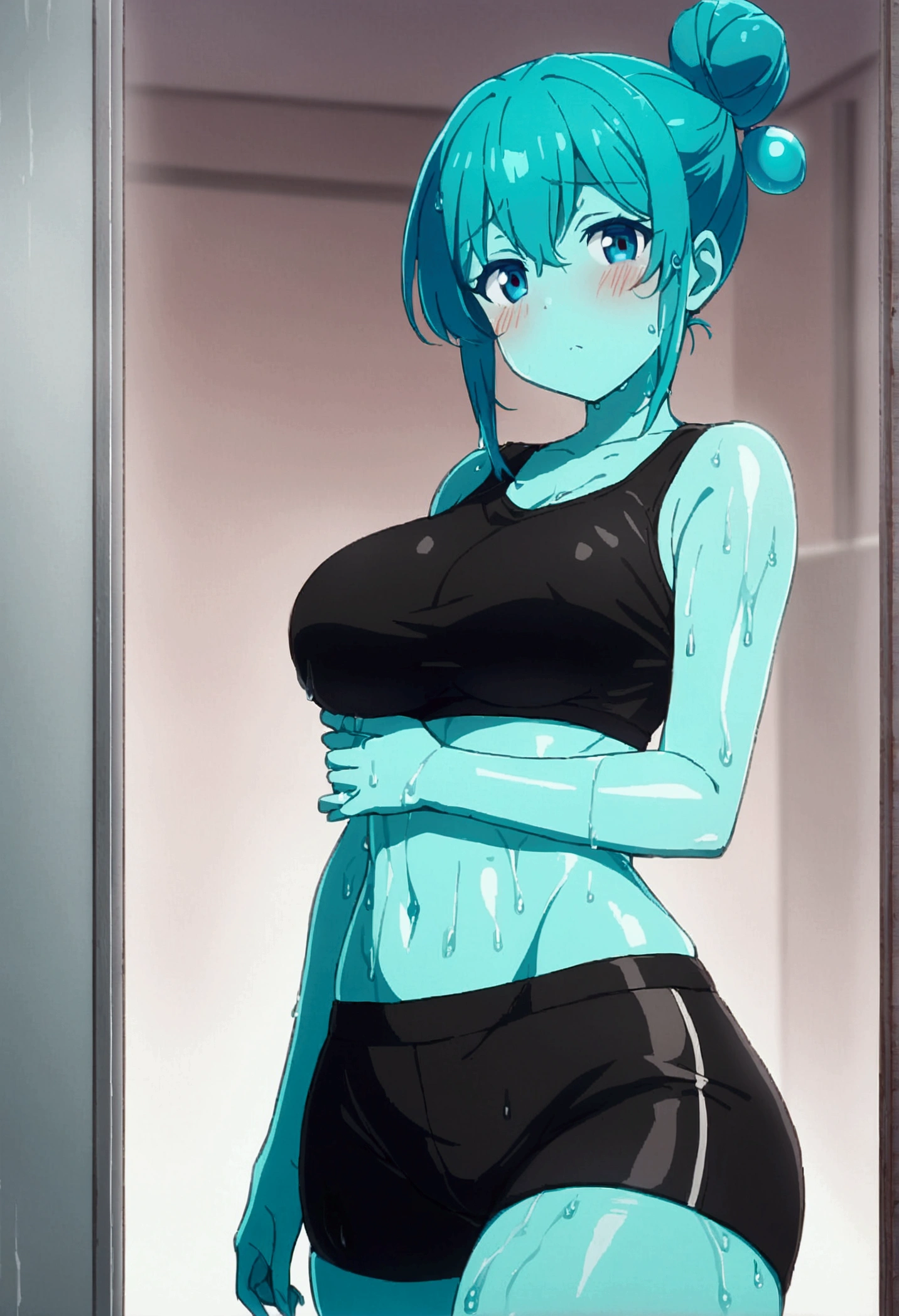 1girl, tall, made of slime, turquoise smile, curvy body, thick, blushing, shy yet happy, turquoise eyes, anime, turquoise skin, wet body, black sports bra, black shorts, hair in loose bun, turquoise hair