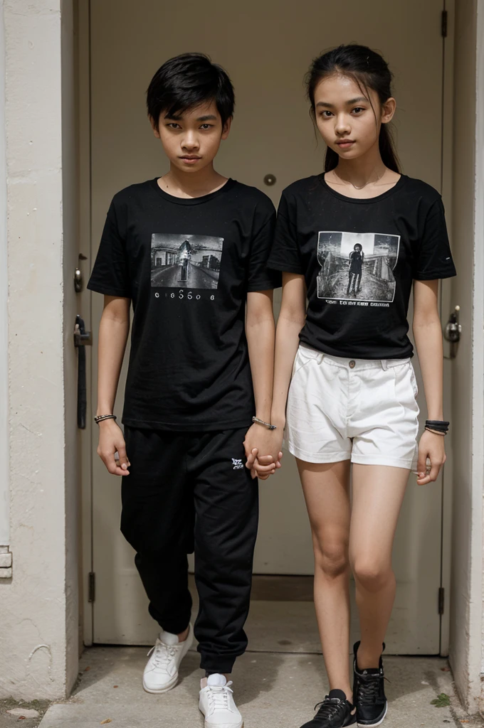 a couple of very thin heterosexual Thai teenage boyfriends, 12 year old lovers, a very thin 12 year old straight Thai teenage boy holding hands with a very thin 12 year old heterosexual Thai teenage girl, both of the same height, with very thin bodies and slender. The loving couple, the boy and the girl walk hand in hand. They wear a black t-shirt and black pants. And black bracelet on the arms.