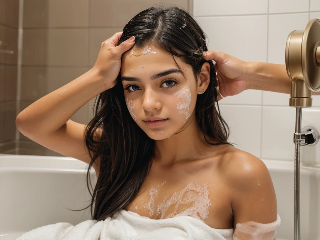 A Girl wash face midiam hair