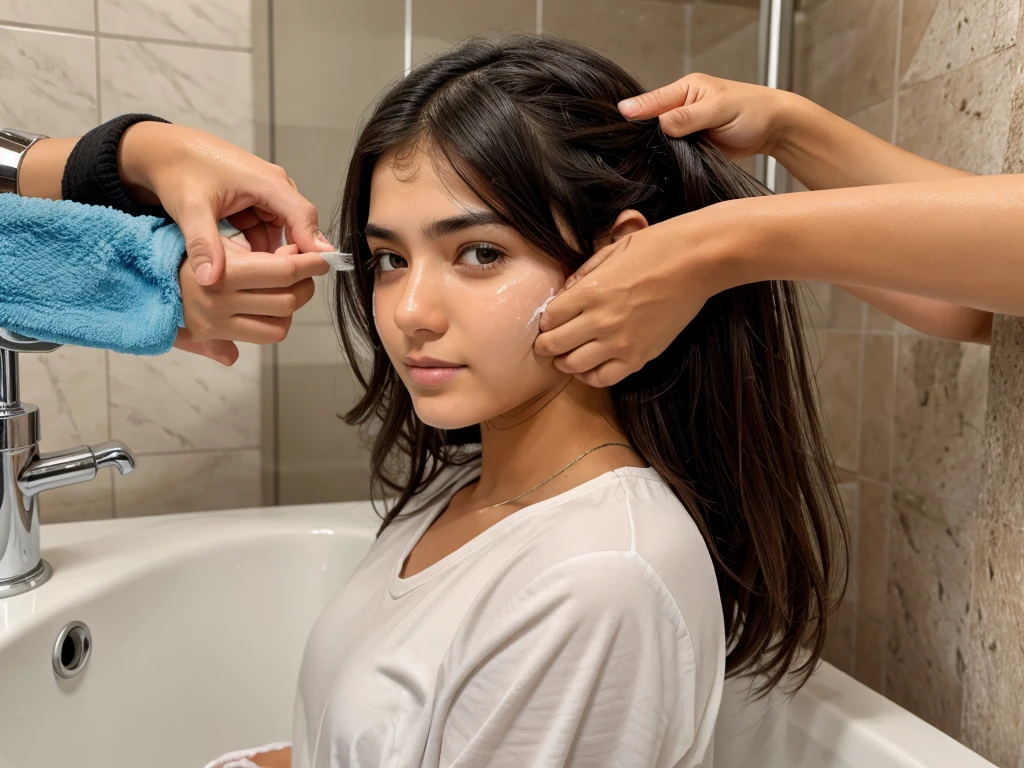 A Girl wash face midiam hair