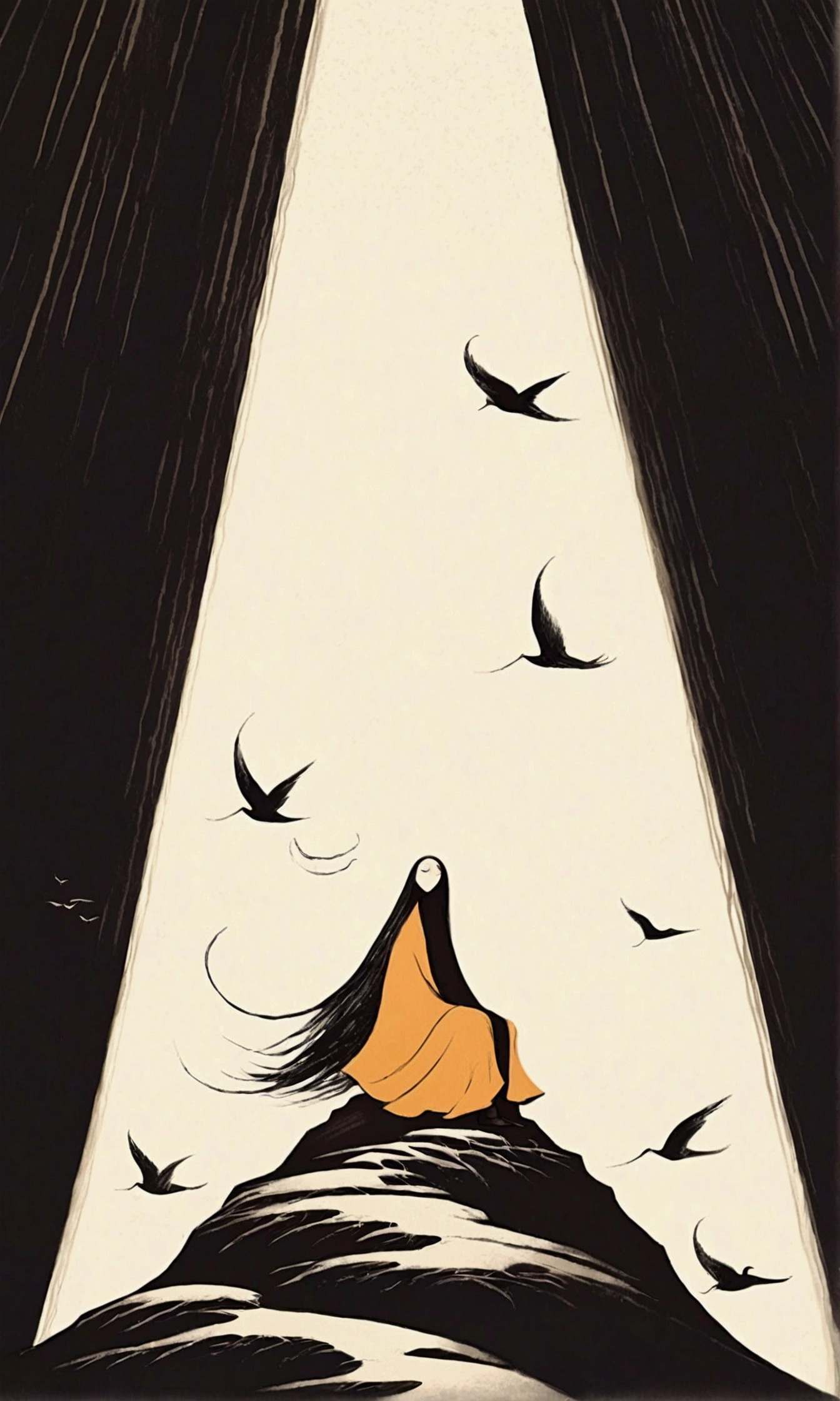 illustration of a man sitting on a rock with a bird flying overhead, a minimalist painting by Oswaldo Viteri, tumblr, conceptual art, in a cloak with long hairs, illustration!, victo ngai! muted sepia colors, brittney lee, dark illustration, a beautiful artwork illustration, #illustration, an ominous fantasy illustration, beautiful illustration, dramatic illustration