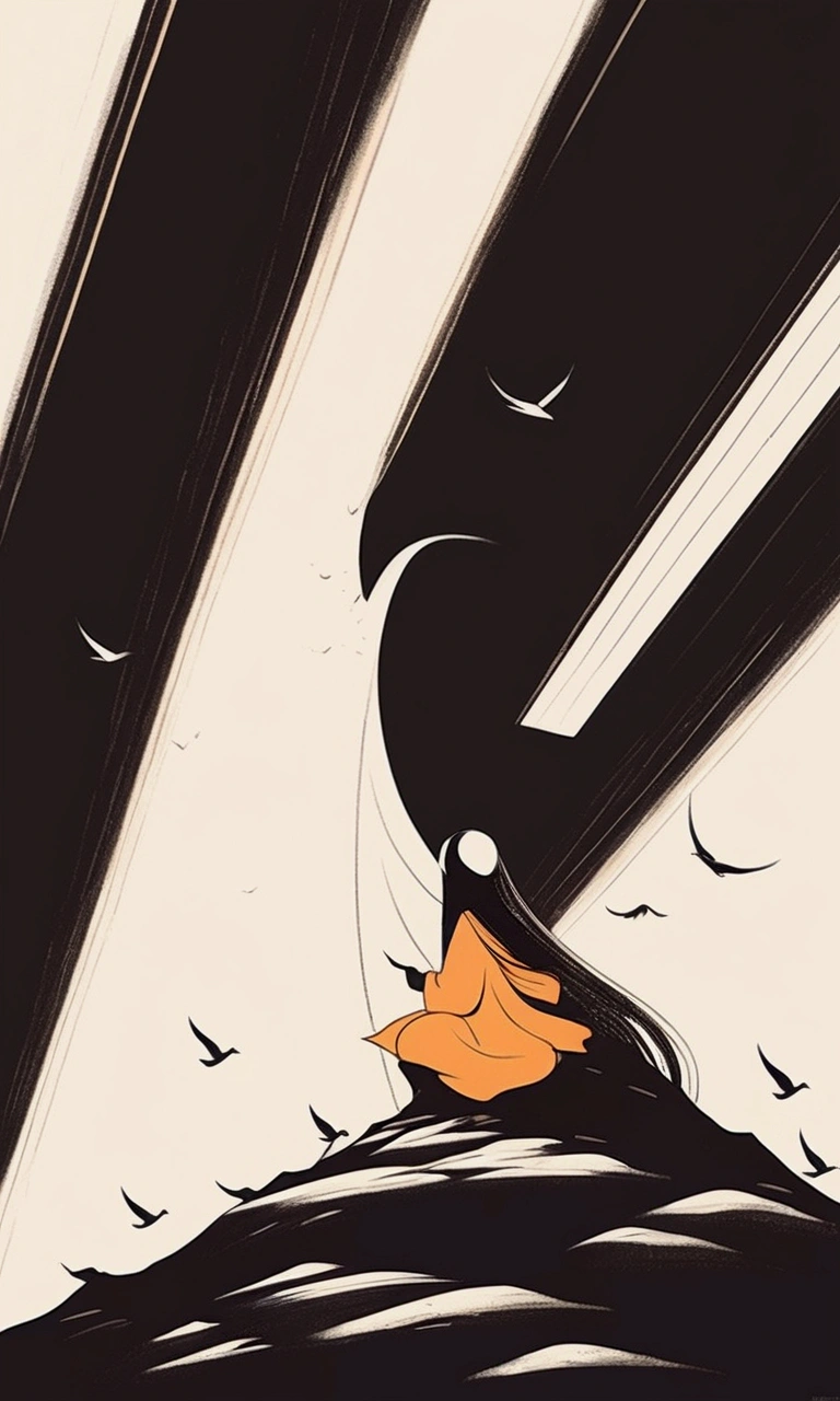 illustration of a man sitting on a rock with a bird flying overhead, a minimalist painting by Oswaldo Viteri, tumblr, conceptual art, in a cloak with long hairs, illustration!, victo ngai! muted sepia colors, brittney lee, dark illustration, a beautiful artwork illustration, #illustration, an ominous fantasy illustration, beautiful illustration, dramatic illustration