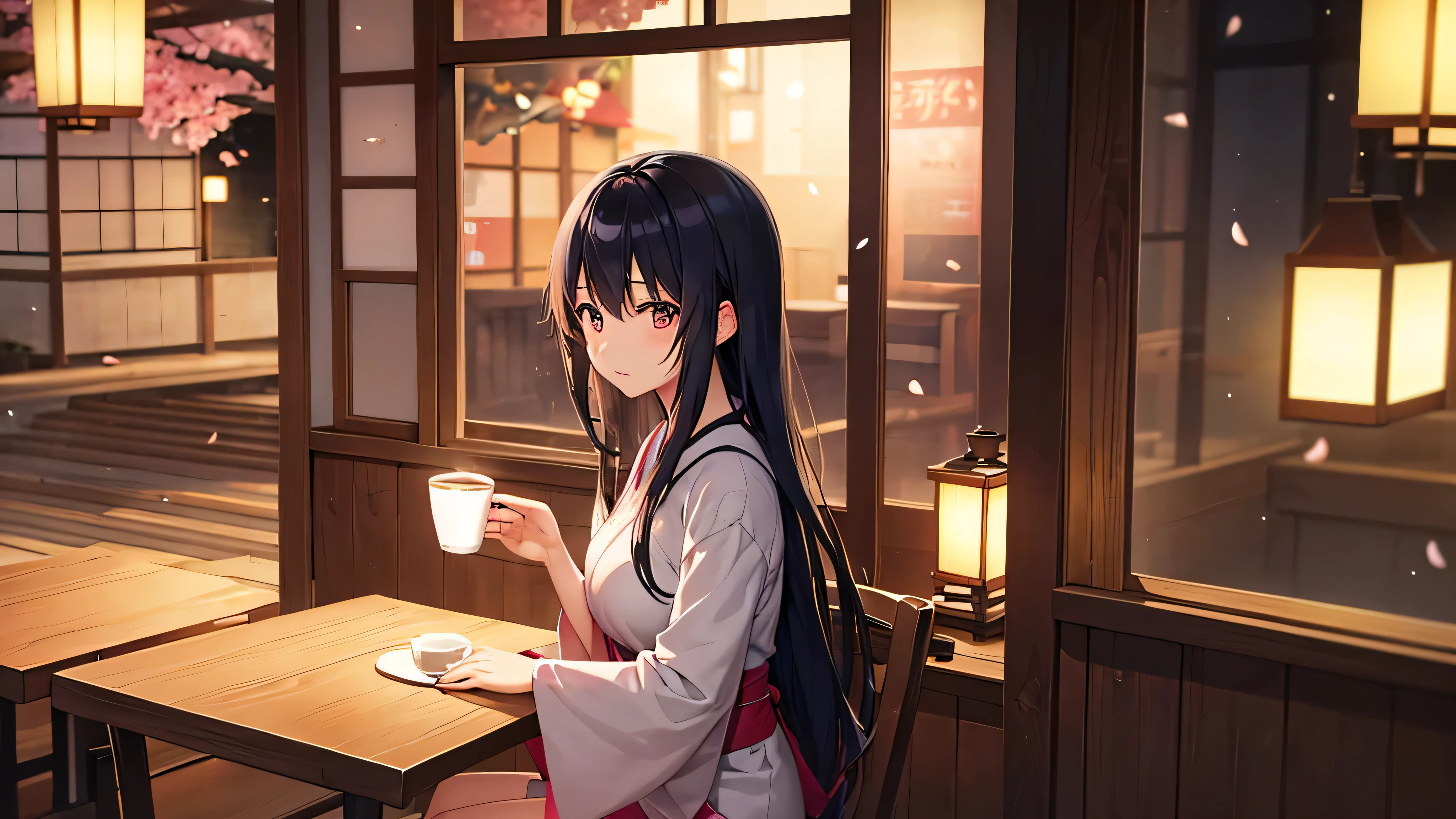 "In a quiet coffee shop in the nighttime city, a Japanese anime-style beautiful girl sits peacefully. Neon lights gently shine through the window, making her long black hair sparkle. Her large eyes are relaxed, and she holds a warm coffee cup in her hands. The café background features soft pastel colors with soothing tones of blue and pink. Cherry blossom petals quietly fall, and traditional Japanese decorations like a parasol subtly adorn the café setting."