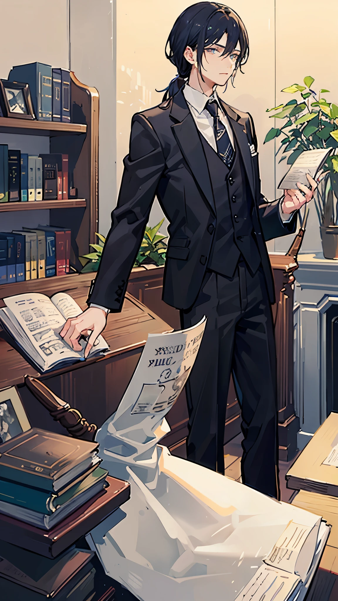 A man around 25 years old、Her waist-length black hair is tied back、Wearing a black suit、Eye color is a calm blue、The background is a room with many books、I'm cooking