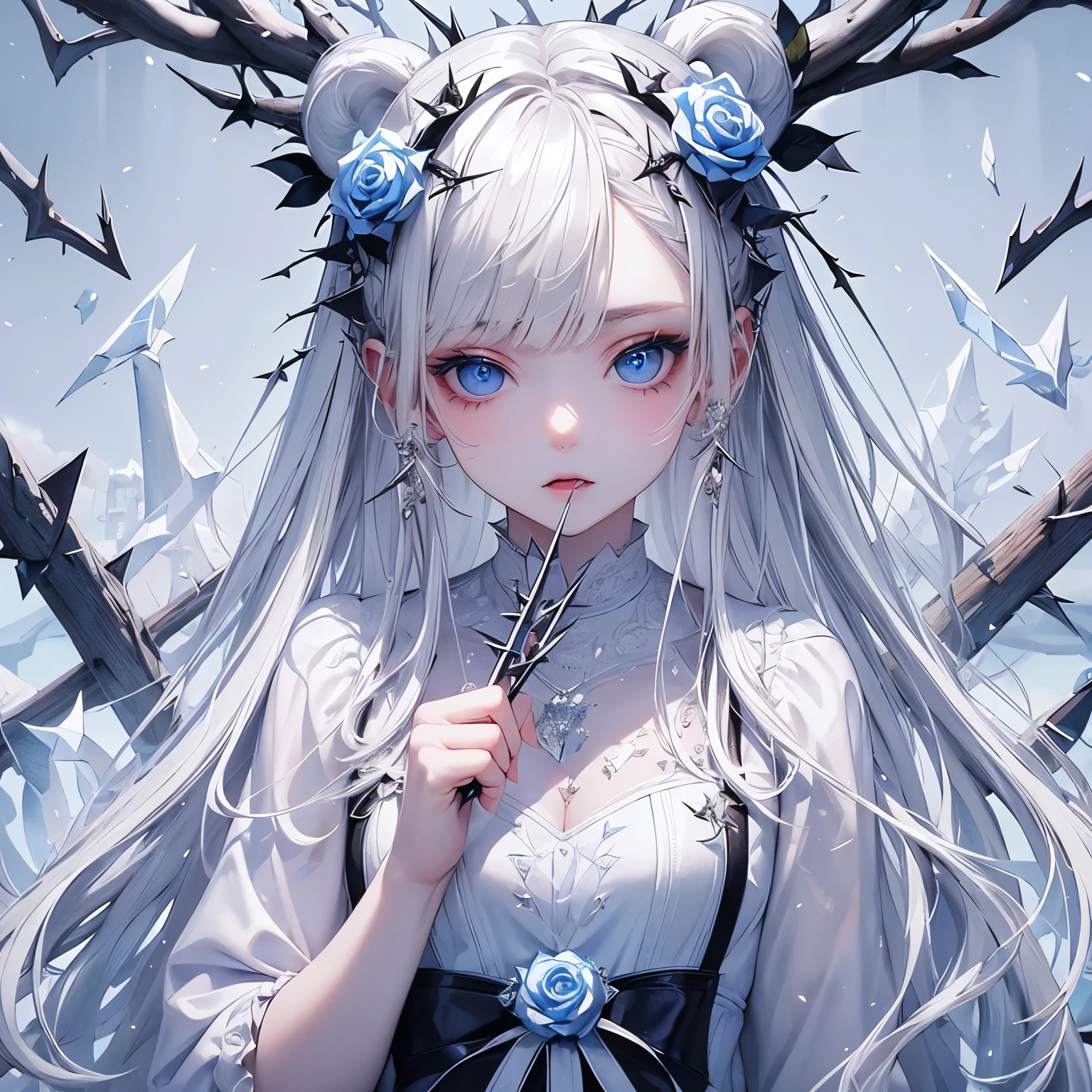 (masterpiece), Highest quality, Ultra-high resolution,Bear ears with white ribbon、Silver Hair、Light blue eyes、White clothing、snow、Cold look、ice、(ice柱:1.3)、Splinter、(tooth:1.3)、White Rose、(Rose Thorns:1.3)