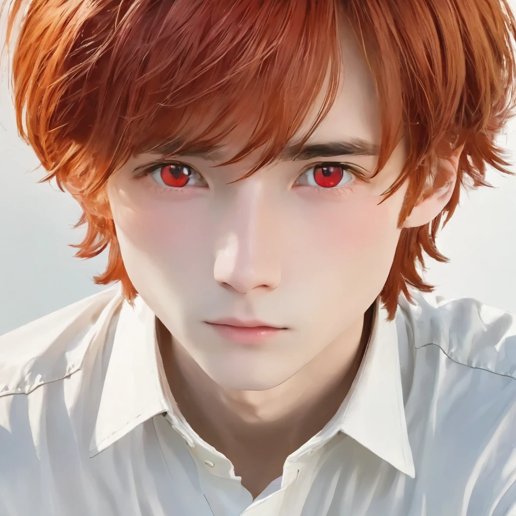 best quality, masterpiece, solo, 1boy,red hair, shirt, red eyes, white beckground, upper body