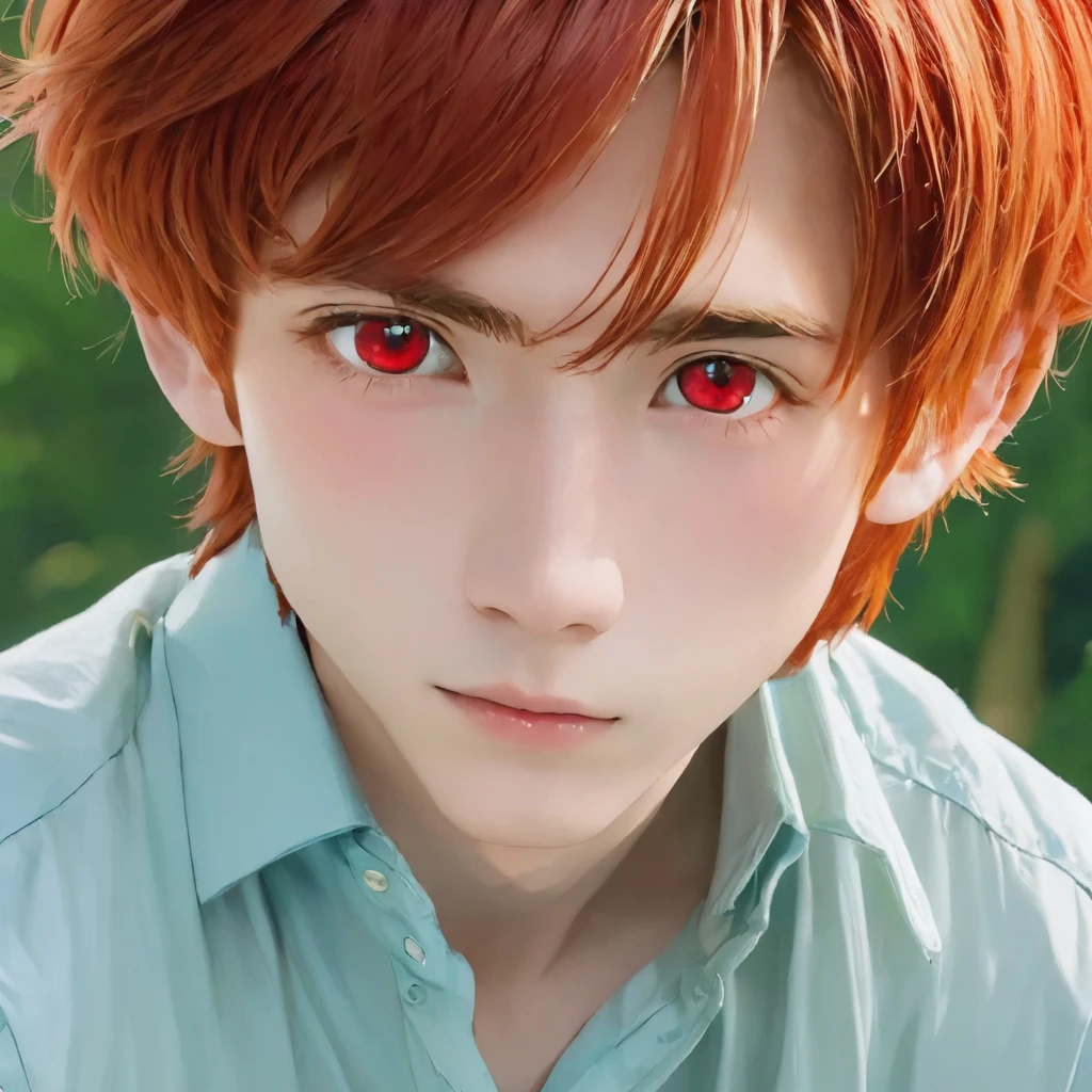 best quality, masterpiece, solo, 1boy,red hair, shirt, red eyes, white beckground, upper body